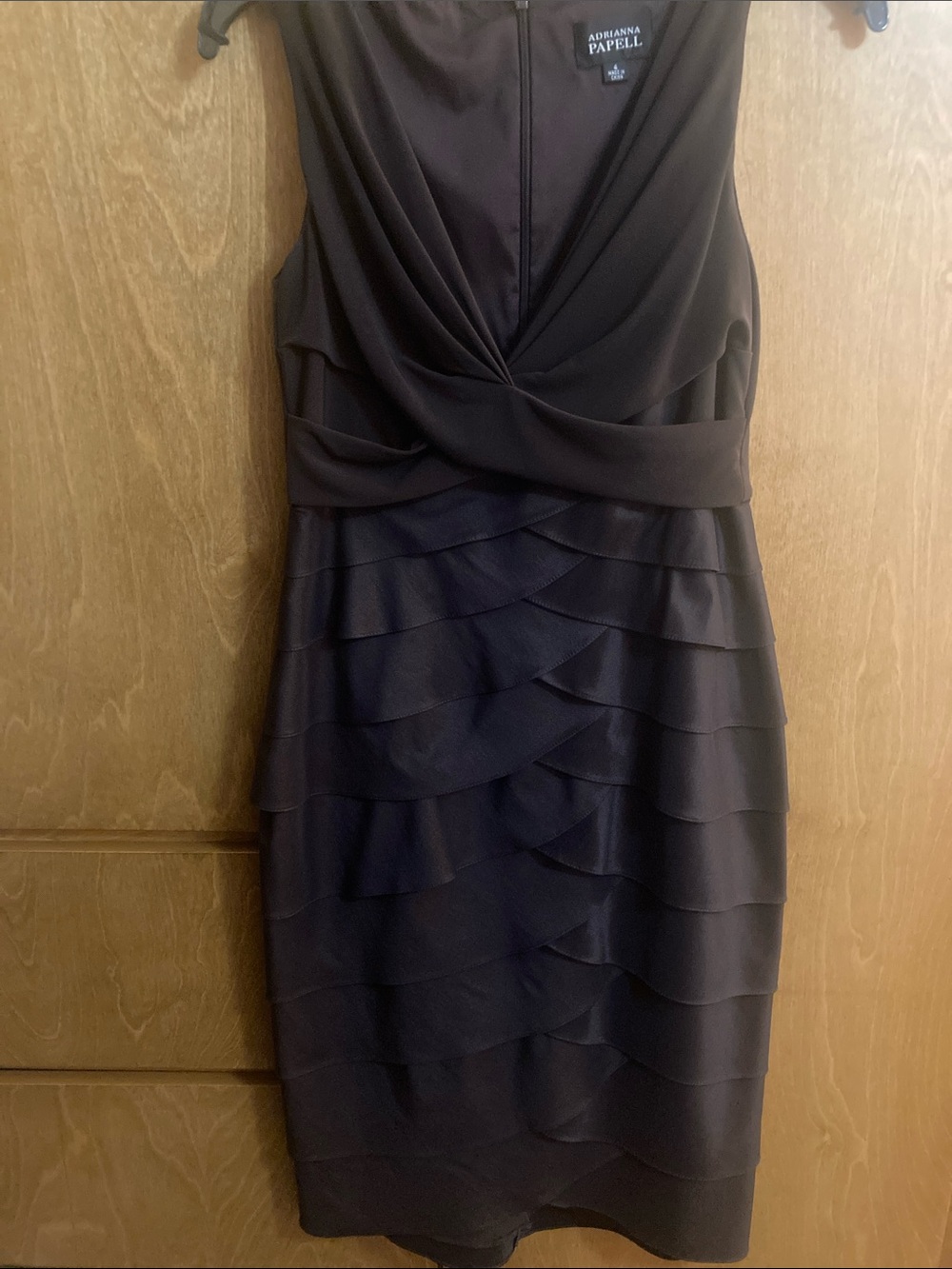 Adriana Papel Brown Sleeveless V Neck Tiered Ruffles Back Zip Sheath Dress Size